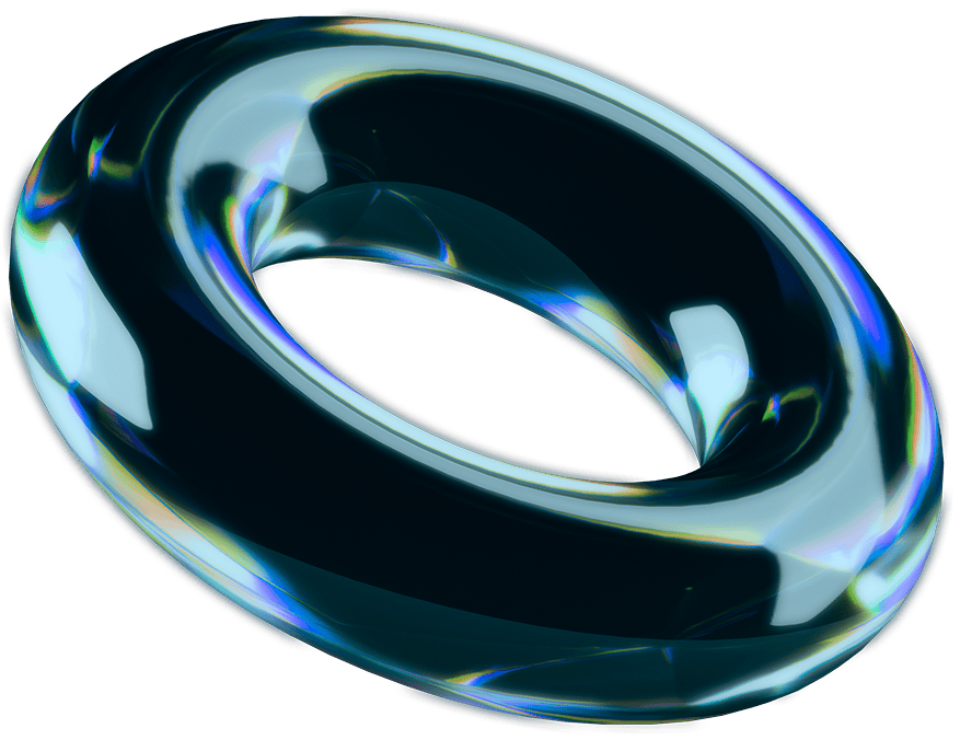 Futuristic glass ring with iridescent reflections on a black background.