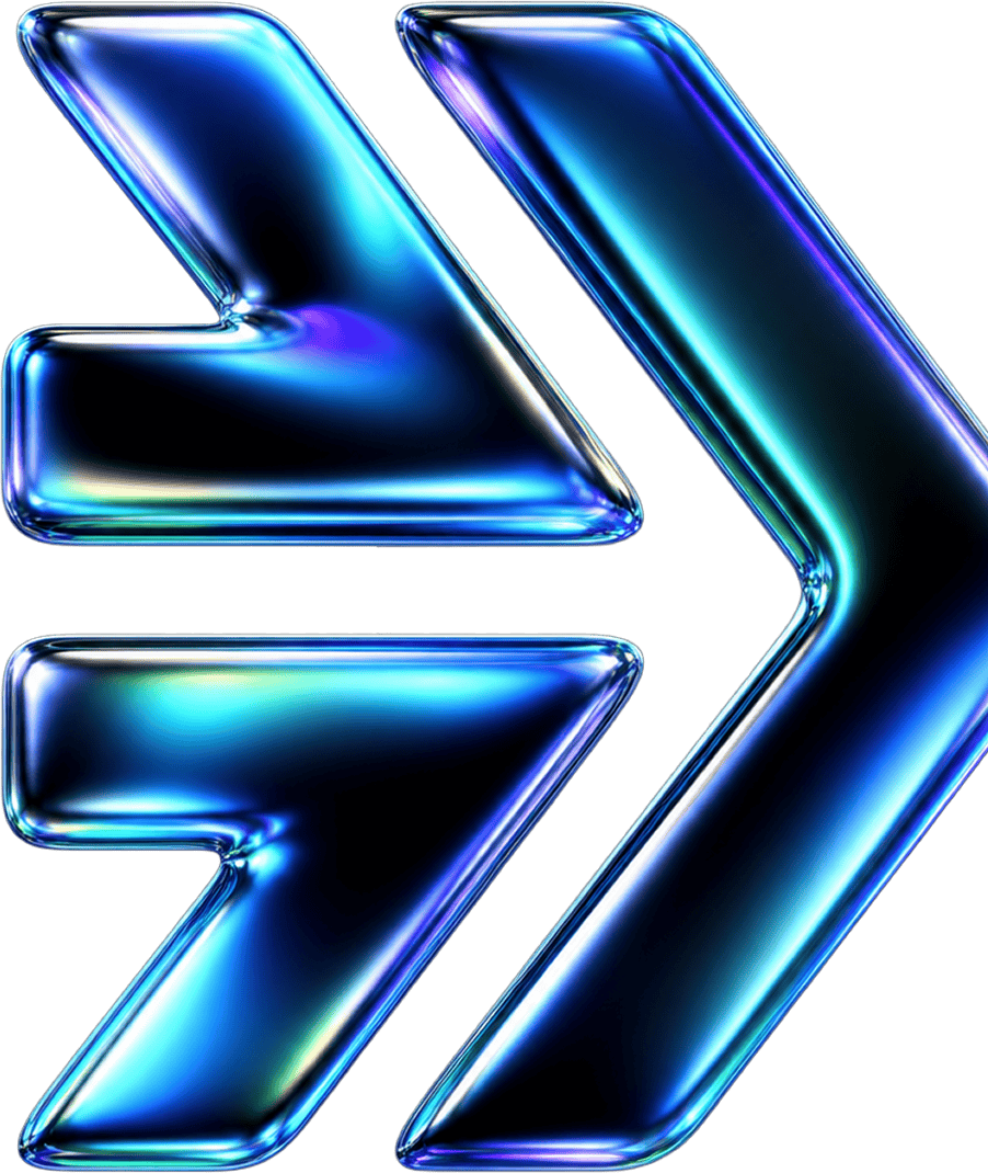 Futuristic blue and purple glowing arrow symbol with metallic finish.