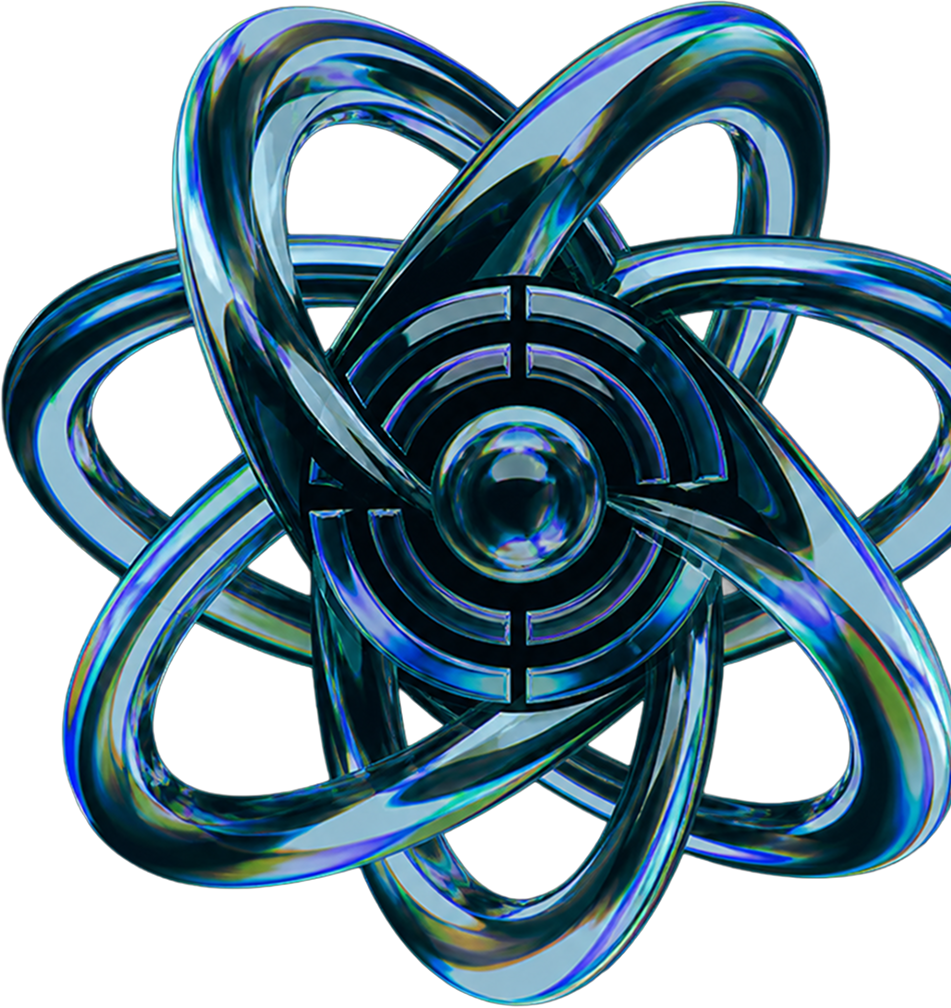 Futuristic metallic atom model with a target symbol at the center for social trading.